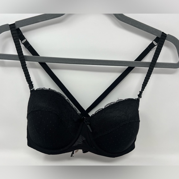Adore Me Black Lace Polka Dot Bow Adjustable Straps Bra 36C - Picture 1 of 13